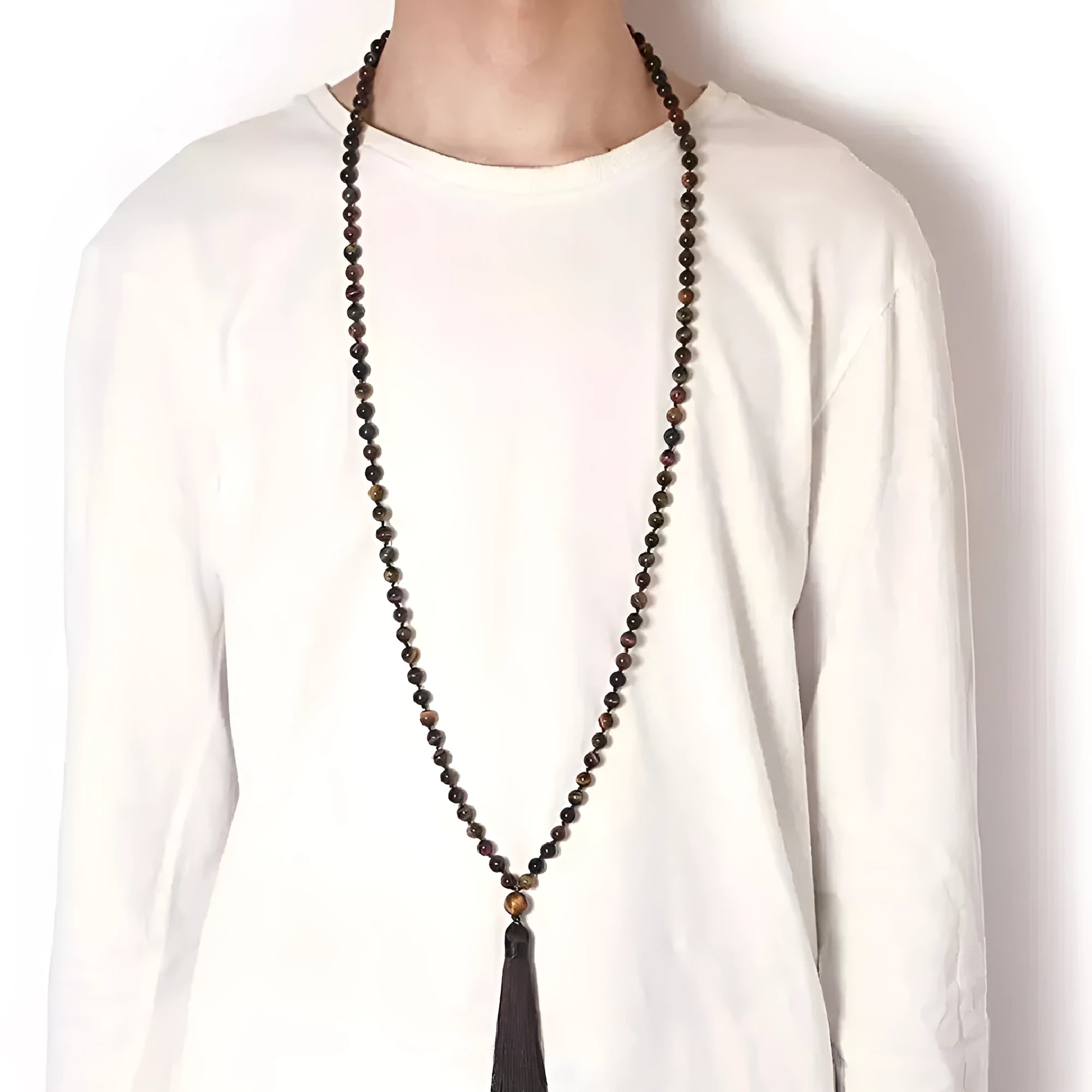 Agate tassel necklace with multiple stone colours including Indian agate, amethyst and blue grain stone on 95-100cm length