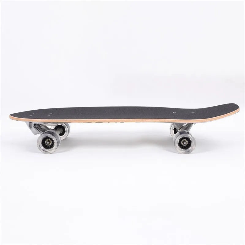 White 31-inch long maple wood street scooter on a plain background