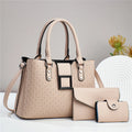 Three textured square women's crossbody shoulder bags in different colours showing internal compartments
