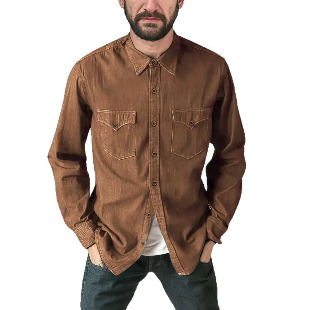 Men's cotton denim cardigan coat jacket in khaki, shown in a regular fit.