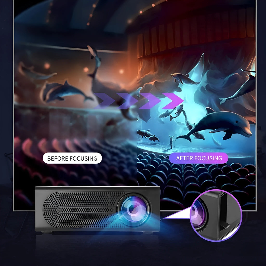 Black portable mini projector with wired connection cable for mobile phone screen mirroring