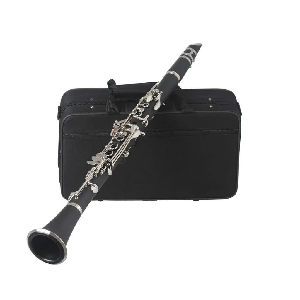 Black Bakelite beginner clarinet with nickel-plated 17-key mechanism and storage bag