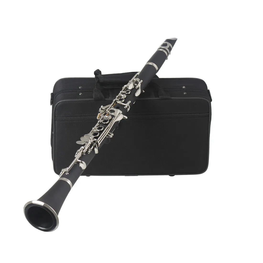 Black Bakelite beginner clarinet with nickel-plated 17-key mechanism and storage bag