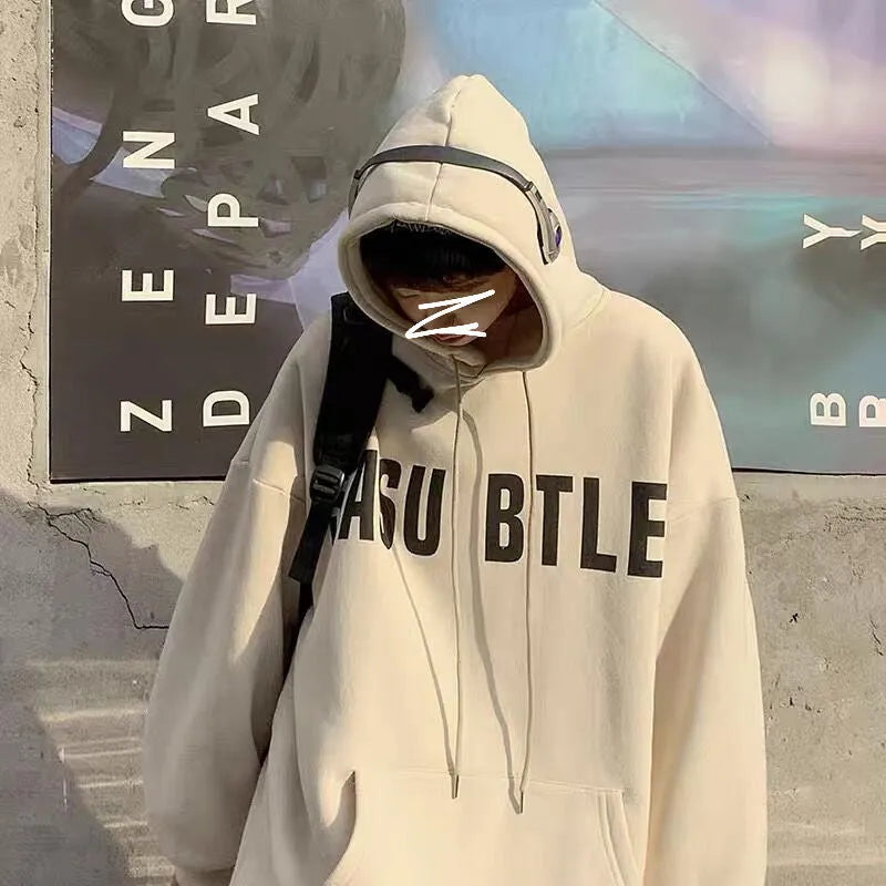 Men's hooded sweater in khaki, loose fit, topstitching patch pocket, long sleeves, velvet lining, Hong Kong style