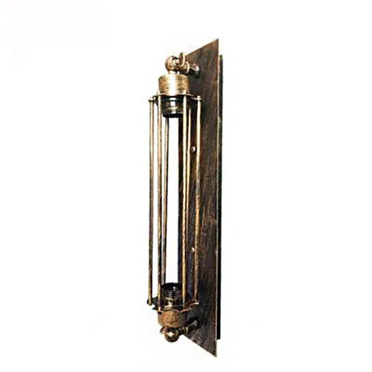Industrial retro iron wall lamp in a vertical flute design, shown in a choice of metallic finishes.