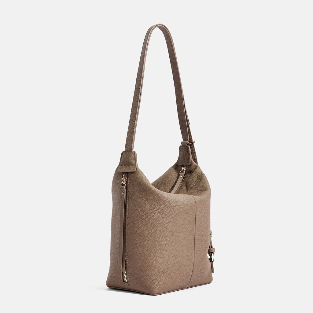 Women's soft genuine leather bucket bag in elephant gray colour showing large capacity design