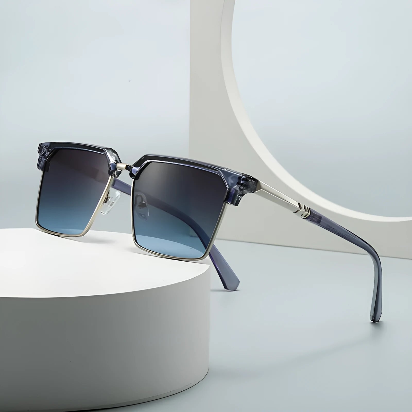 Men's square sunglasses with a plastic box-style frame, shown in multiple colour options.