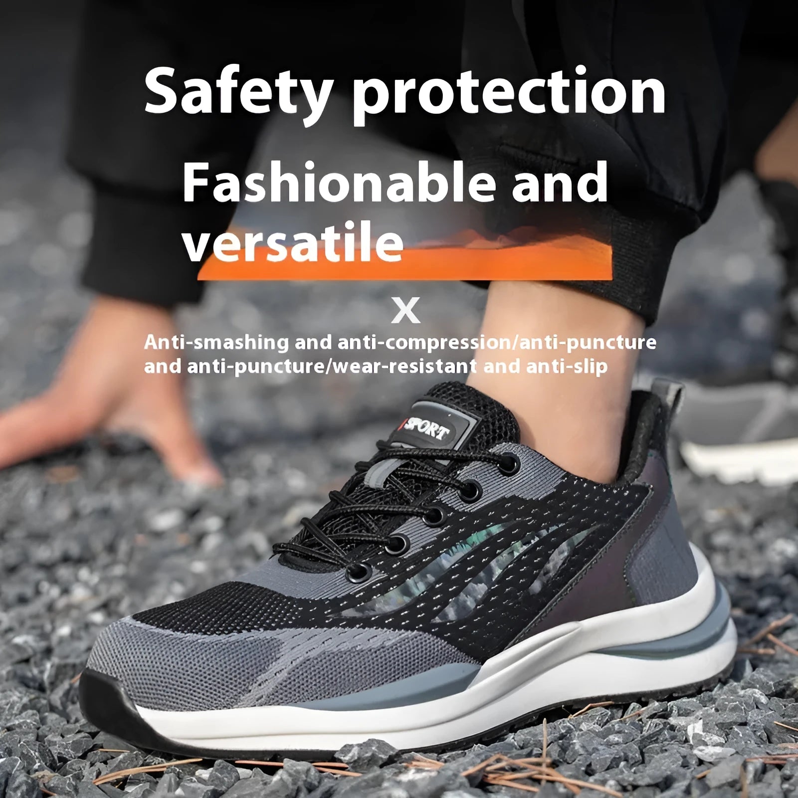 Men's black grey insulated safety shoes with plastic toe cap and lace-up front