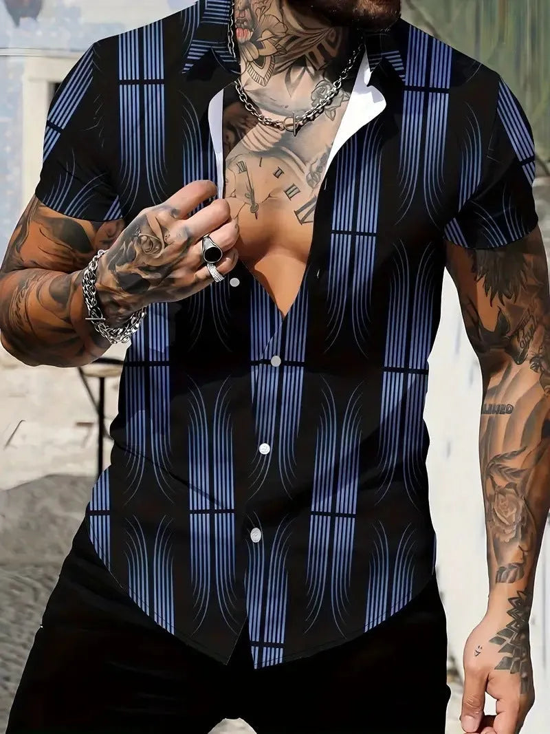 Men's slim fit geometric print short sleeve shirt on hanger showing lapel detail