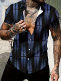 Men's slim fit geometric print short sleeve shirt on hanger showing lapel detail