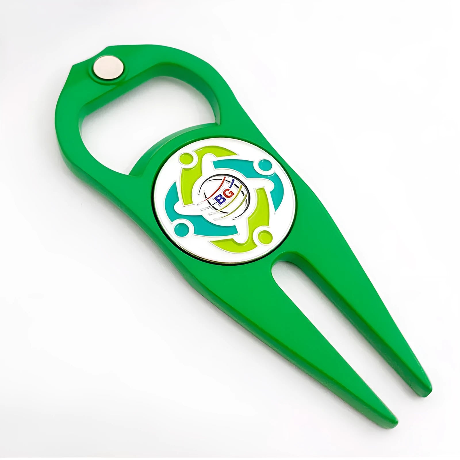 Zinc alloy golf ball yoke bottle opener tool with 88x35mm dimensions in black, green or silver colours