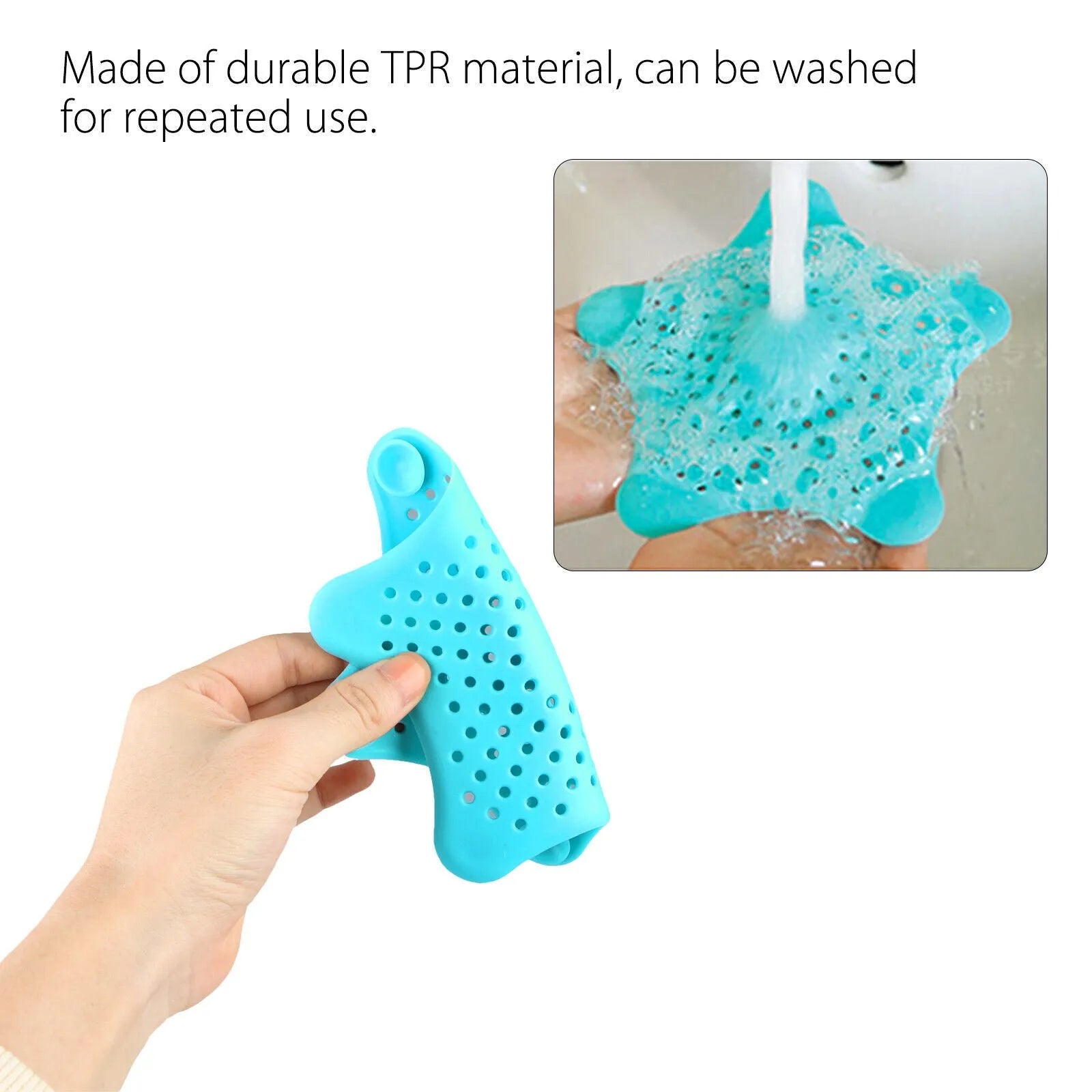 Three silicone starfish-shaped sink drain filters in white blue and green with suction cups