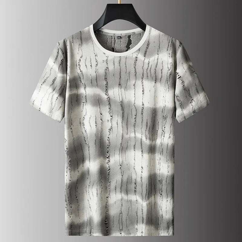 Grey plus size men's loose fit short sleeve t-shirt on a hanger