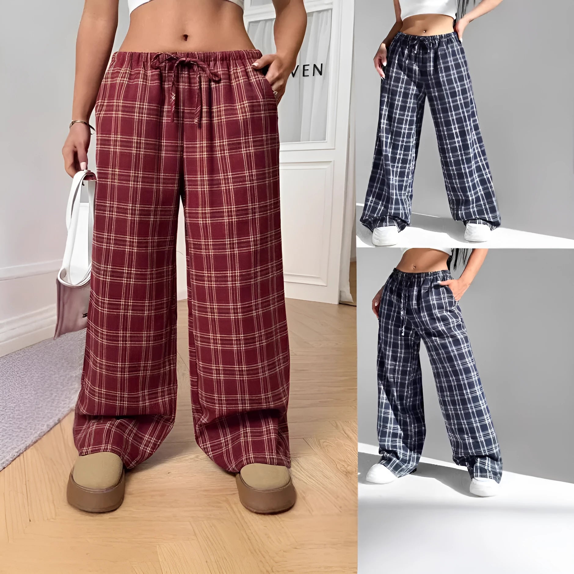 Women's blue plaid trousers with elastic drawstring waist and patch pockets laid flat