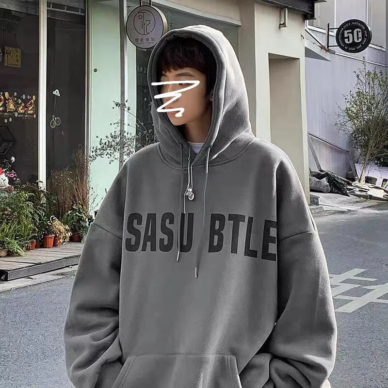 Men's hooded sweater in khaki, loose fit, topstitching patch pocket, long sleeves, velvet lining, Hong Kong style