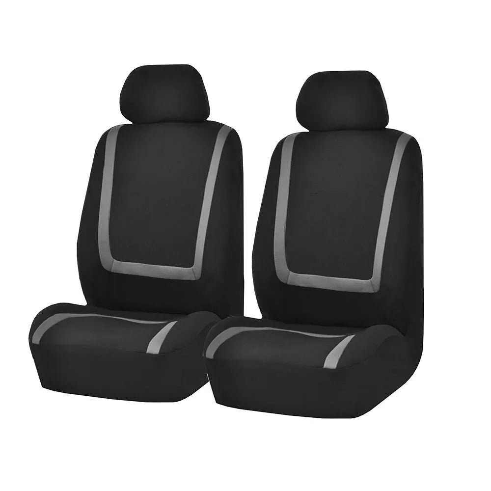 Universal car seat cover set showing fully enclosed design with separate headrest covers in two-tone colour option