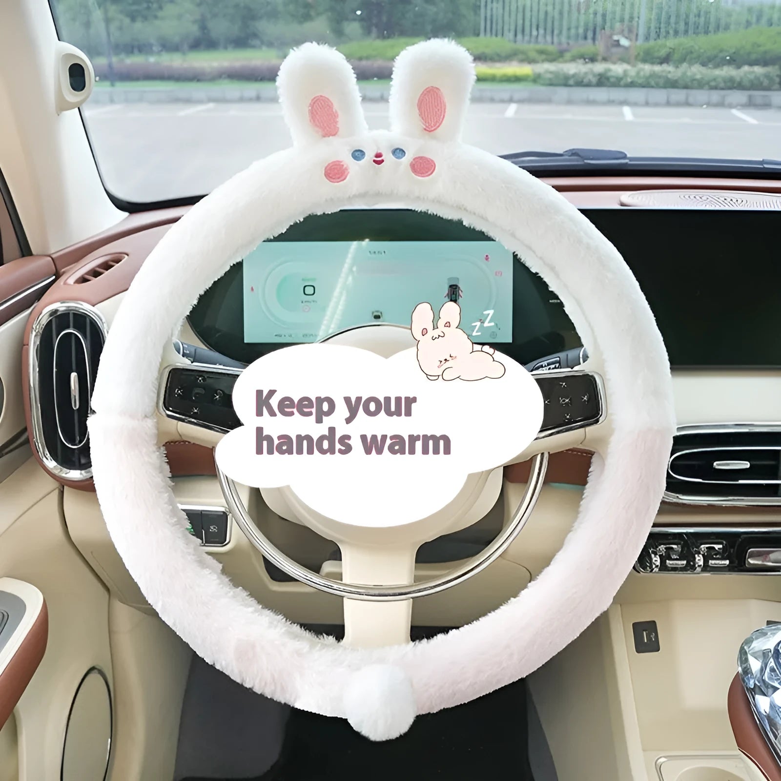 Plush rabbit fur winter steering wheel cover with cute embroidered panda design, shown fitted on a car steering wheel.