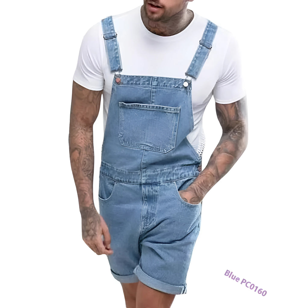 Male model wearing black mid-stretch denim suspender pants with straight leg cut and zip fly