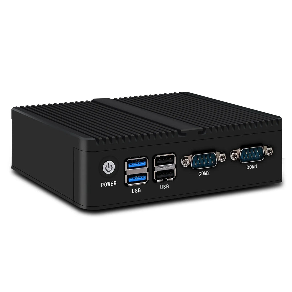 Industrial fanless mini PC in aluminium chassis with quad-core processor and dual network ports