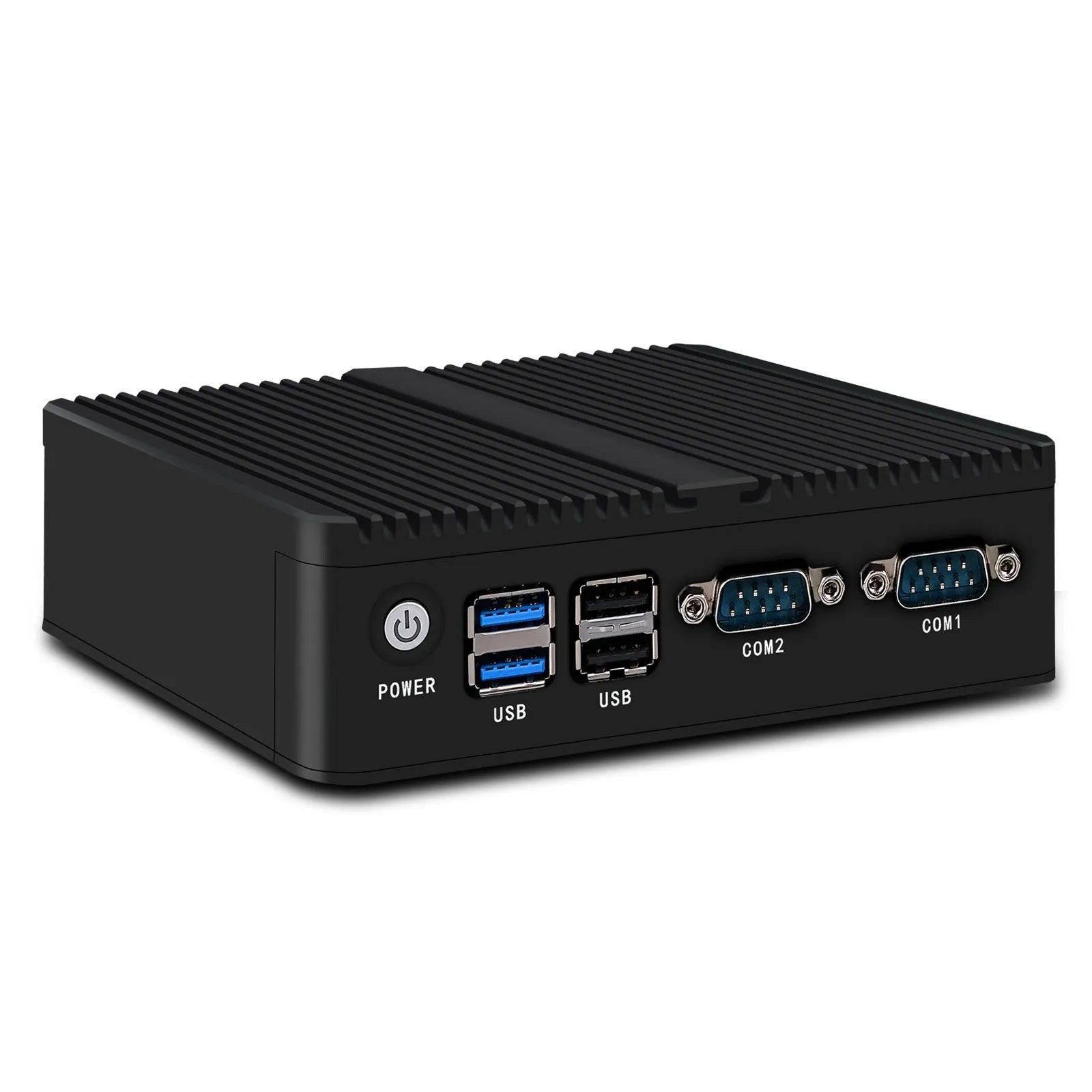 Industrial fanless mini PC in aluminium chassis with quad-core processor and dual network ports