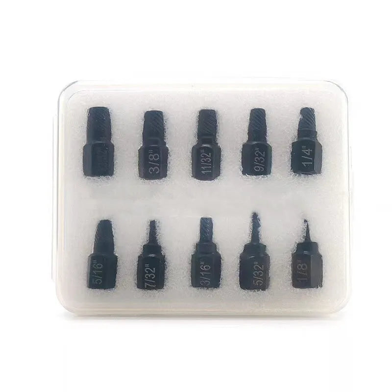 10-piece metal screw extractor set for broken head screws and studs, supplied without plastic box
