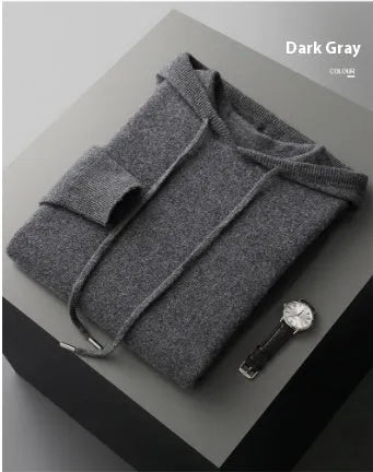Men's light grey cashmere hooded sweatshirt and matching trousers laid flat.