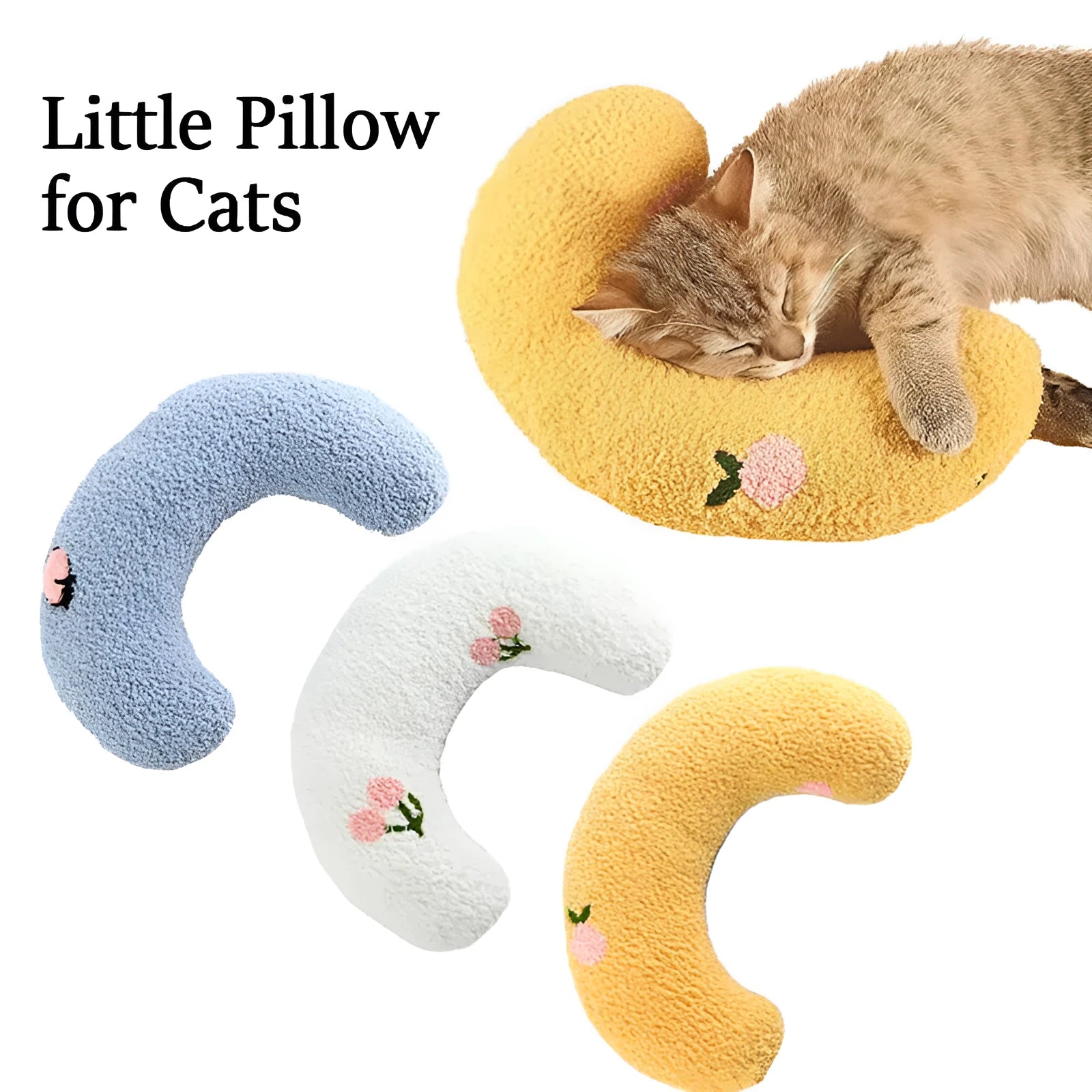 Small U-shaped plush pet pillow in blue for a cat or small dog to sleep on.