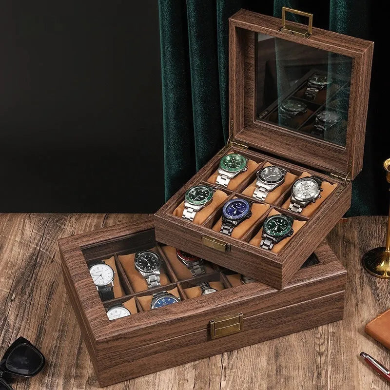 Wood grain PU leather watch storage box with glass lid showing multiple slots with soft pillows