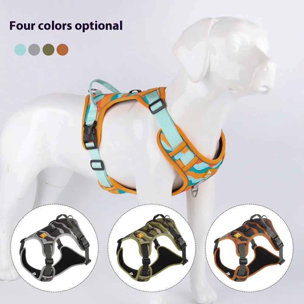 Reflective orange dog harness lead with integrated hand-holding rope on a dog's chest and back.