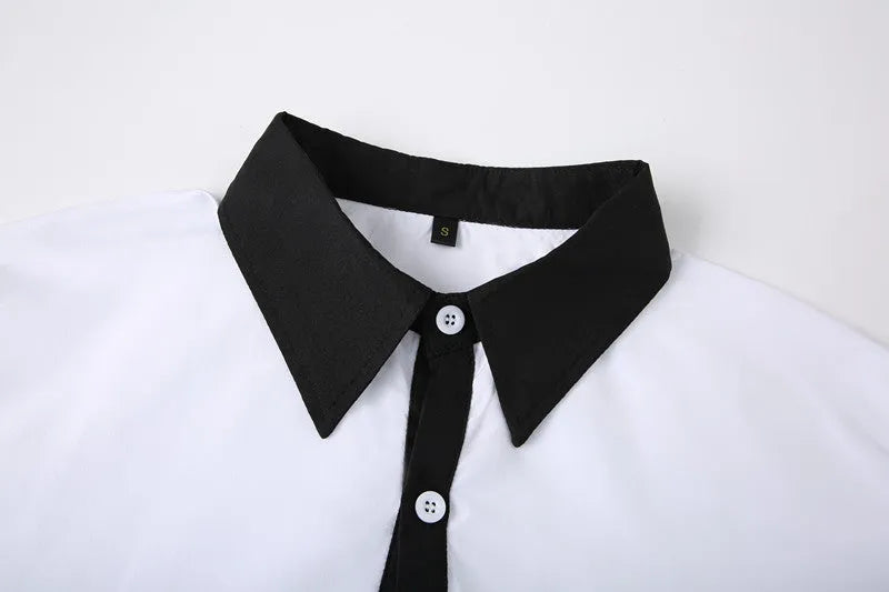 Men's white long-sleeve colour-blocked shirt with contrasting panels, front view