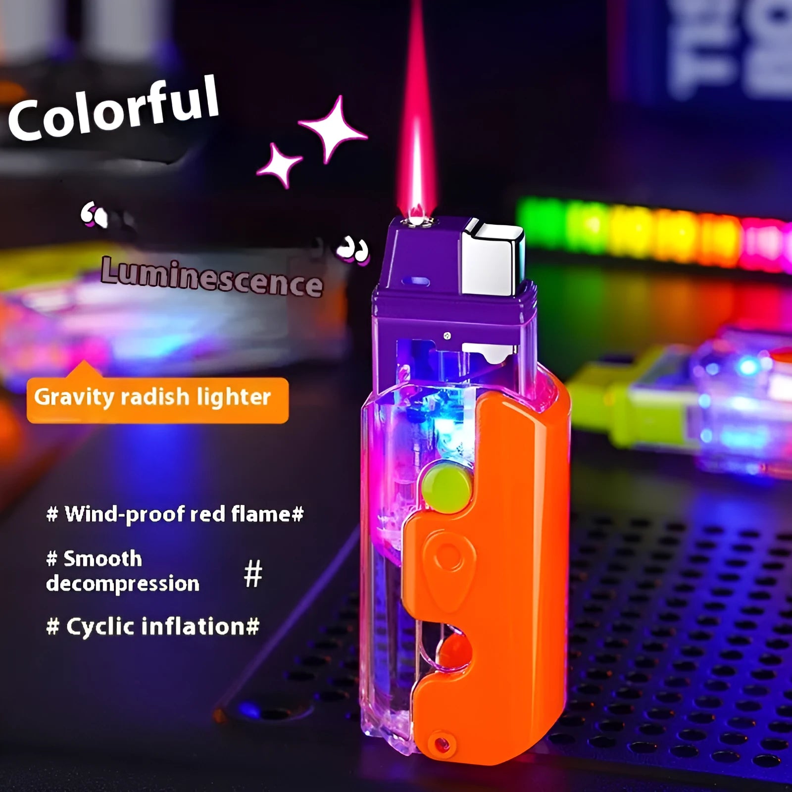 Colourful plastic radish-shaped lighter in orange, purple or green with wind-resistant function