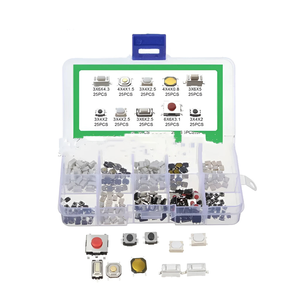 Box of 250 surface-mount push-button tactile switches for industrial electronics projects