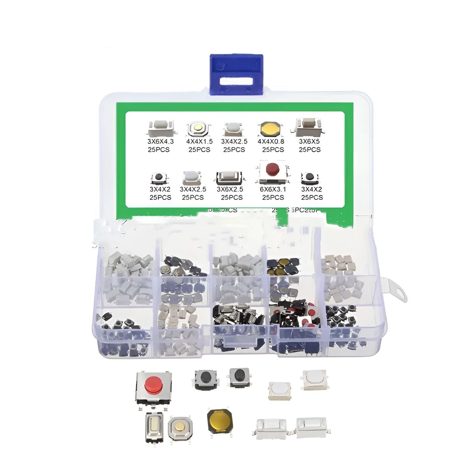 Box of 250 surface-mount push-button tactile switches for industrial electronics projects
