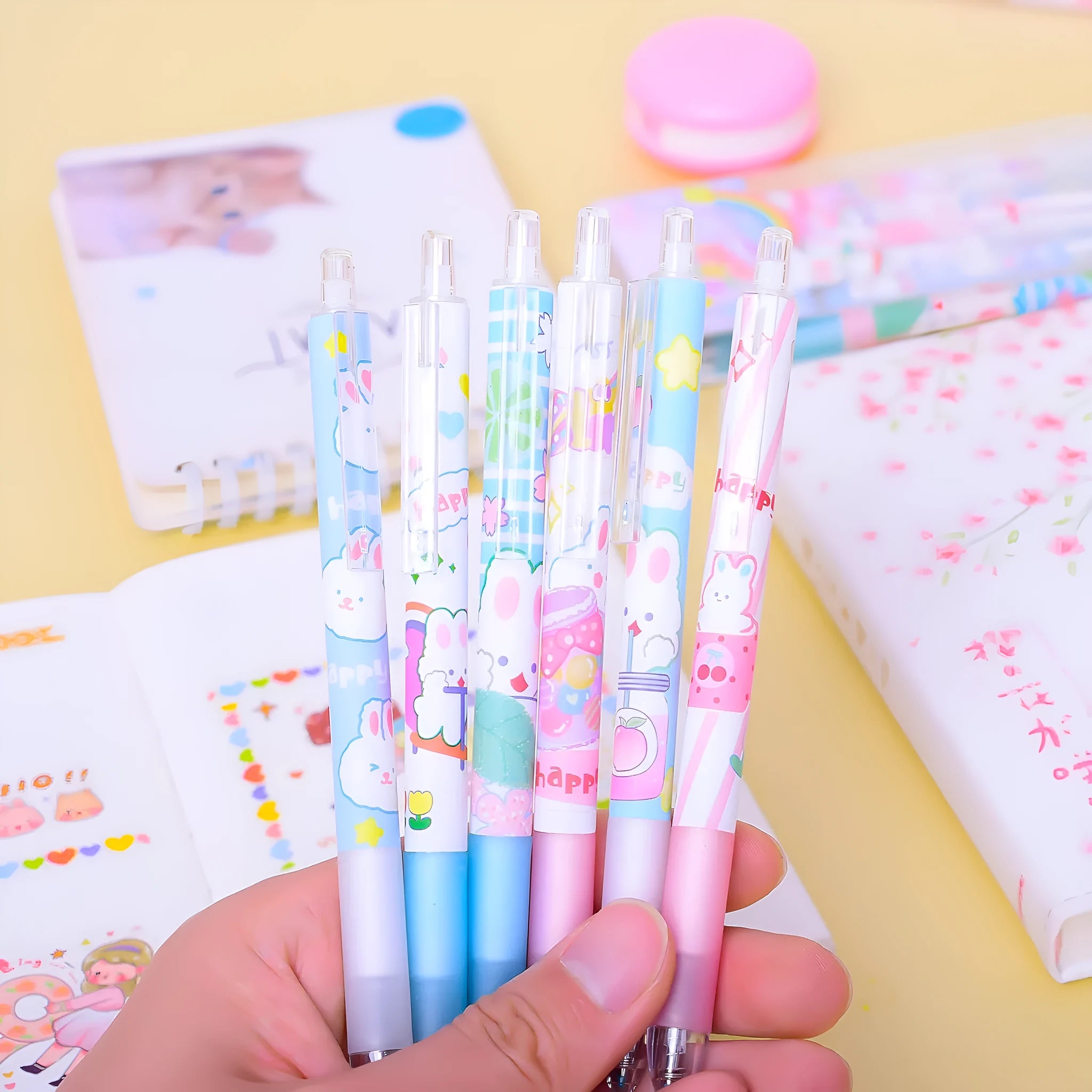 Six Cartoon Bunny Student Stationery Writing Pens with 0.5mm black ink tips in plastic shells