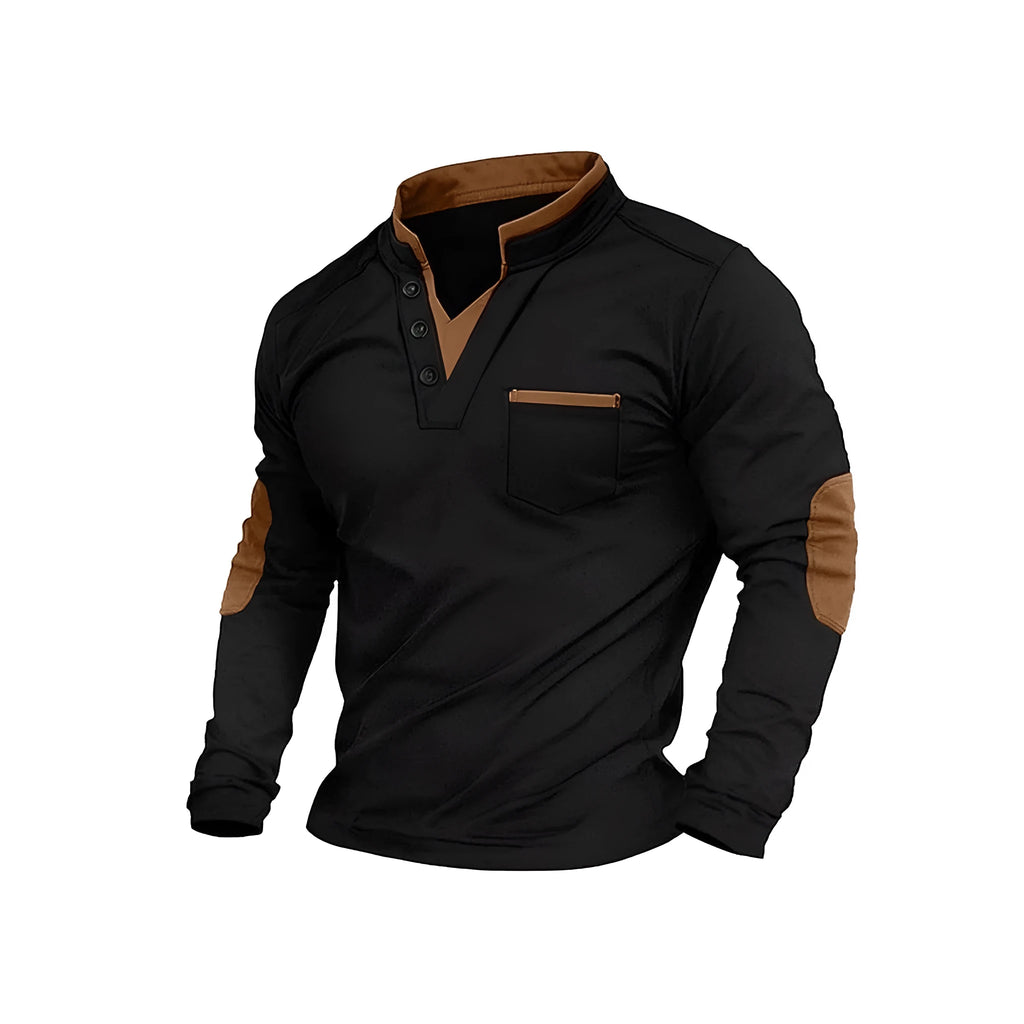 Men's stand collar long-sleeved stitching pullover sweater in solid colour chemical fibre blend