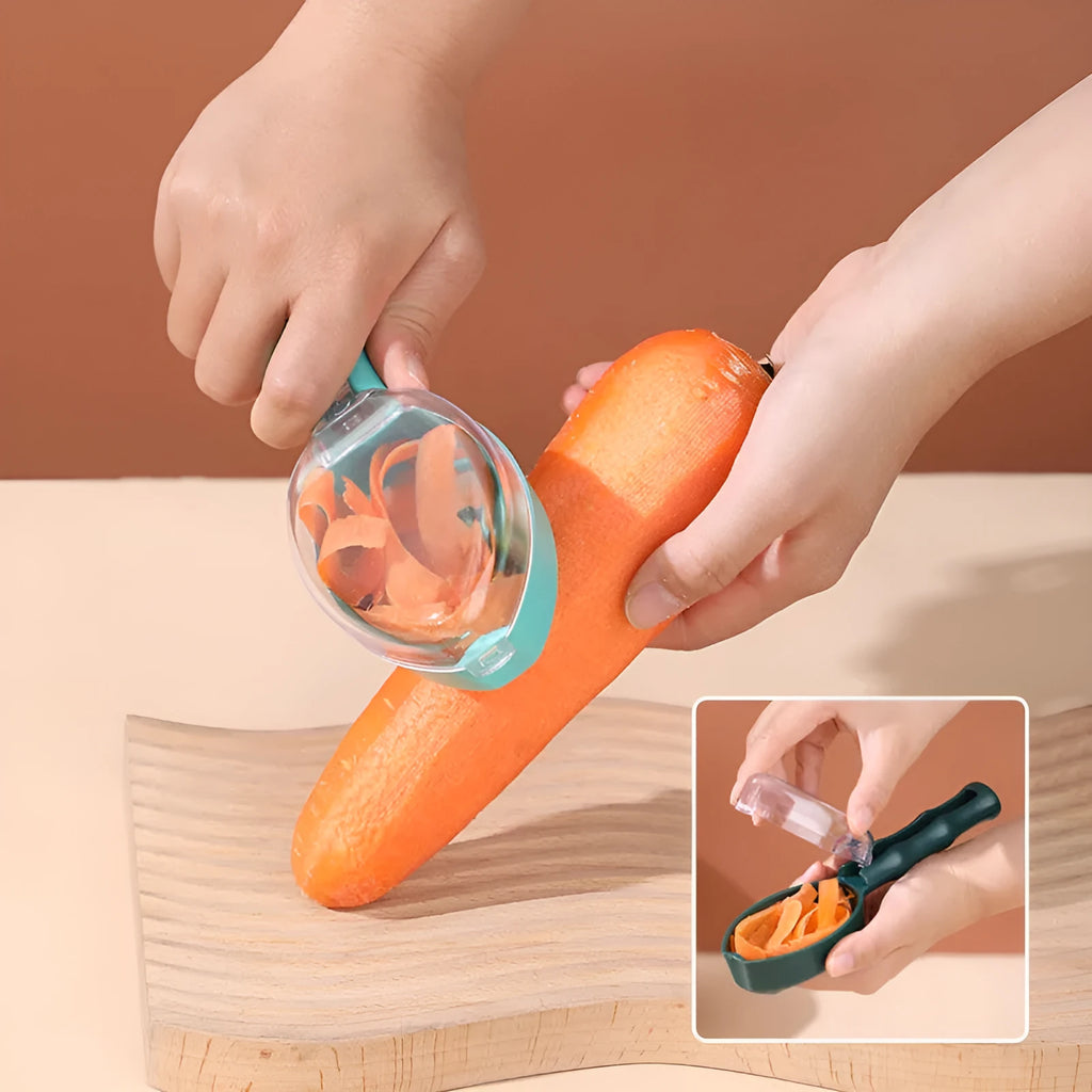 Yellow peeling knife with storage lid on a kitchen counter.