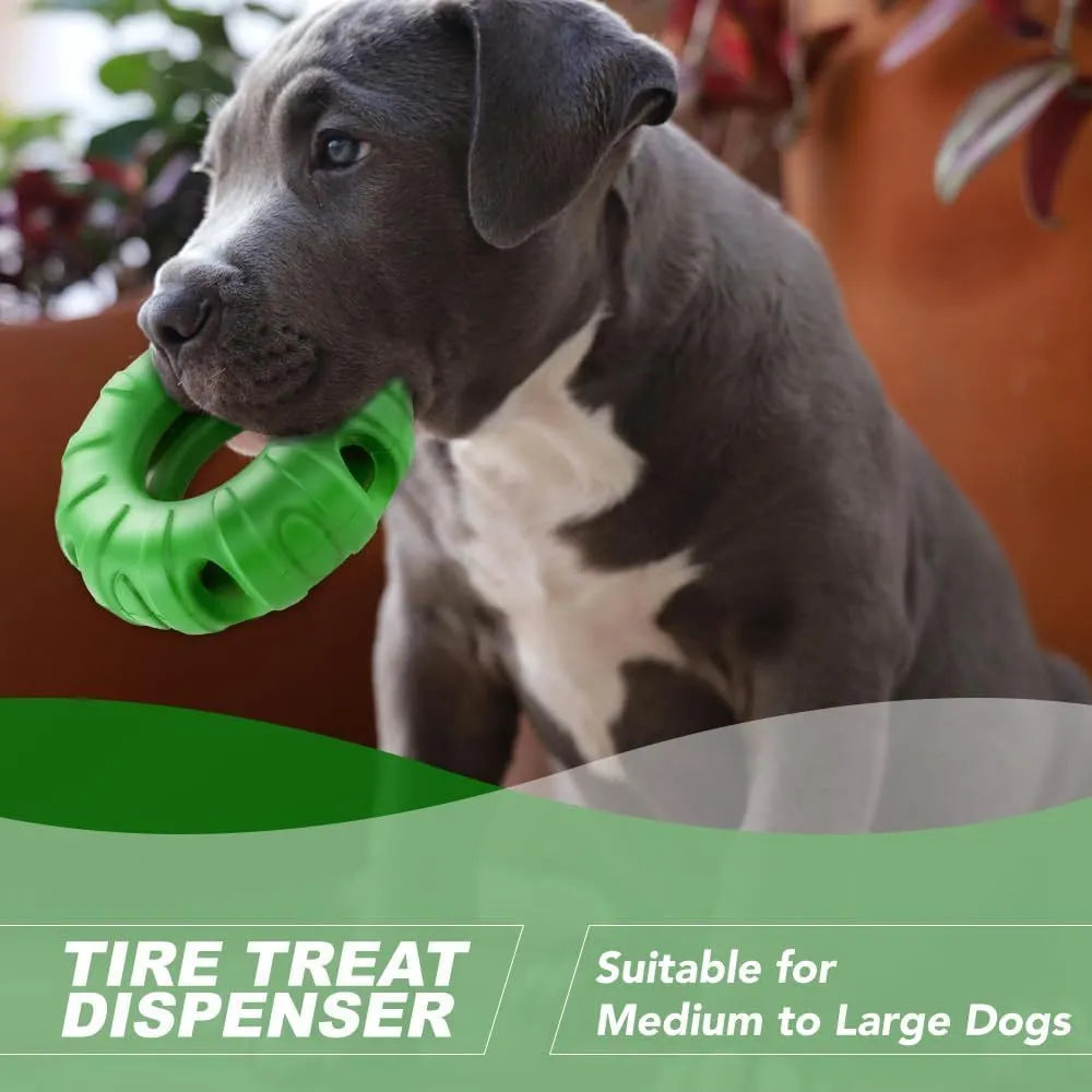 Blue green red tyre-shaped dog chew toy with oval openings for slow feeding