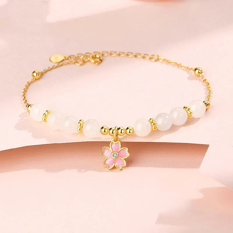S925 silver cherry blossom pendant bracelet with Hetian jade beads, pink floral women's jewellery