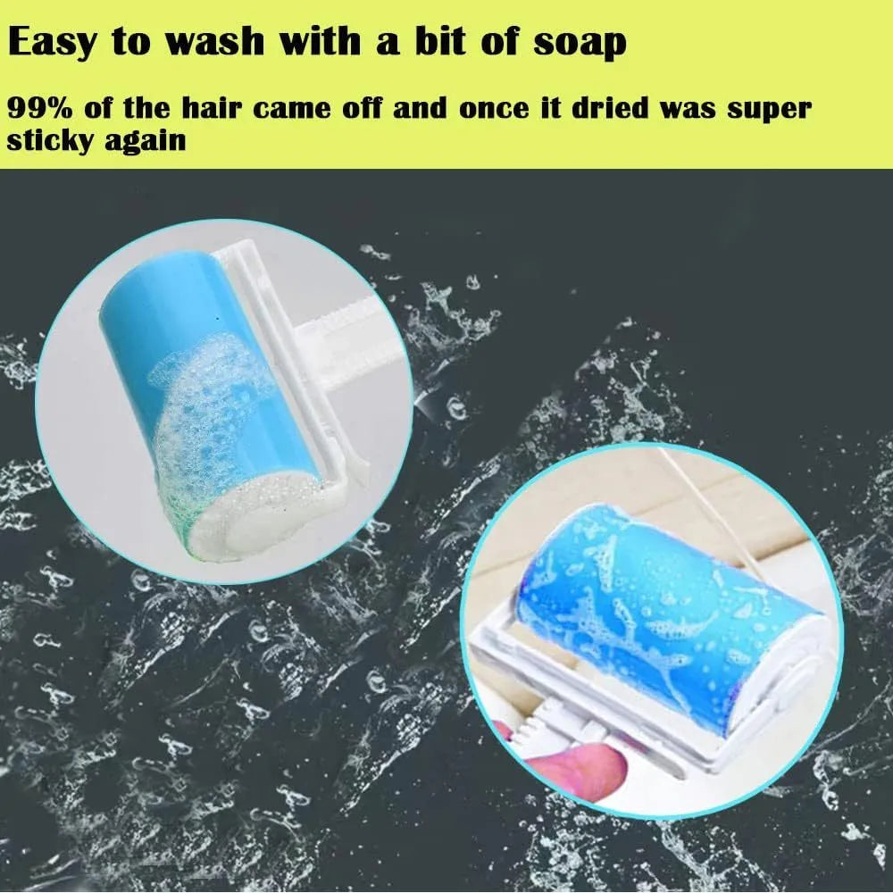 Blue reusable washable lint roller with cover for removing pet hair from clothes and sofas.