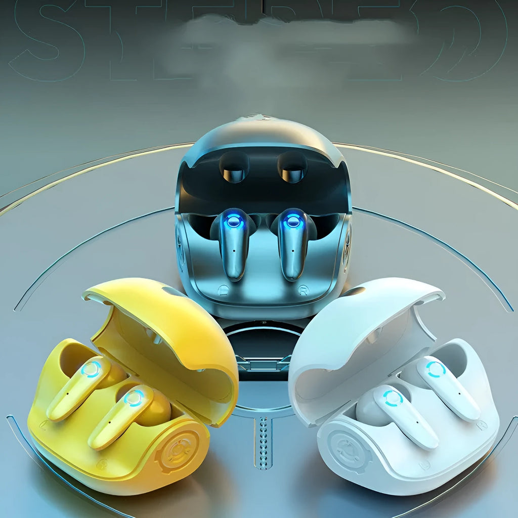 TWS wireless gaming headset in black, white, or yellow with USB charging cable