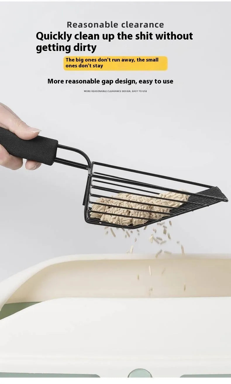 Black metal cat litter scoop with narrow tines for cleaning litter trays.