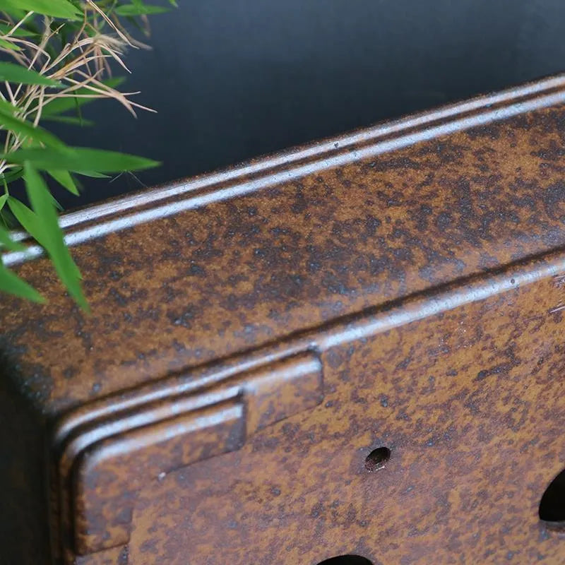 Rectangular purple sand bonsai pot with firewood burning finish and five-line basin design.