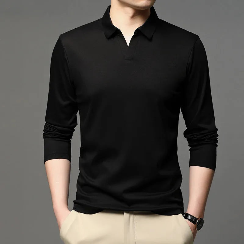 Men's solid colour cotton lapel long sleeve casual shirt in regular fit, black colour