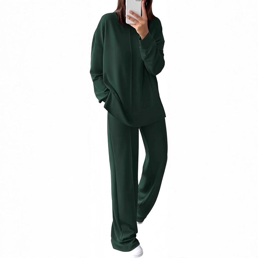 Women's army green polyester jogging suit set with long sleeve top and matching trousers