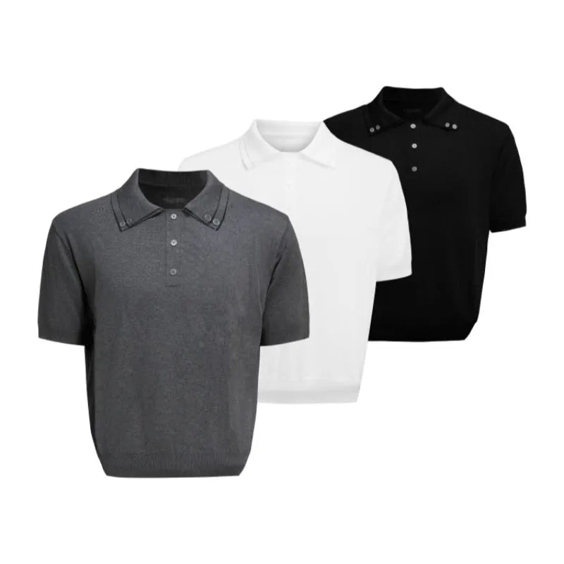 Men's double lapel collar short sleeve shirt in black slim knit polyester fabric