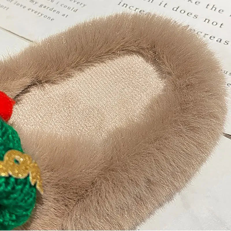 Women's Christmas hat design slippers in faux plush, showing black, khaki, and white colour options.