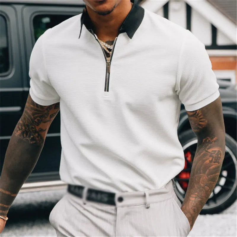 Men's pure white loose fit short sleeve polyester polo shirt with patterned print in Pattern-B353 colour option
