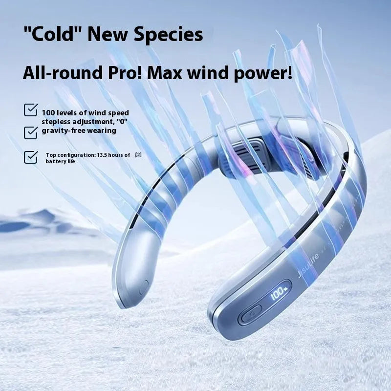 Silver grey hanging neck portable fan with USB port and no-blade design.
