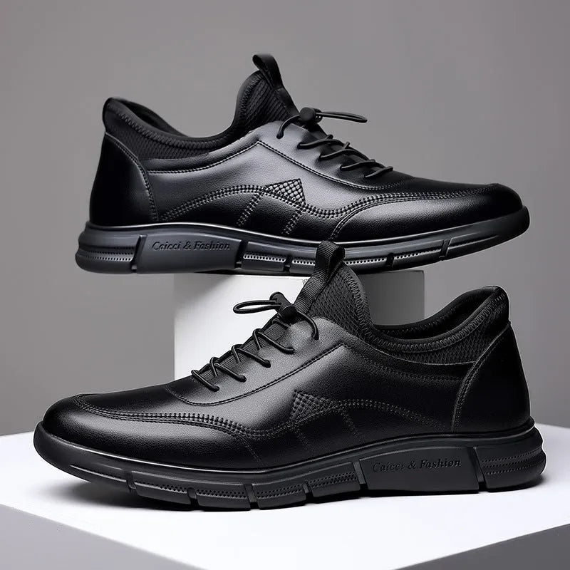Men's black casual leather shoes with low square heel and round toe design
