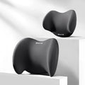 Gray geometric pattern memory foam car headrest and lumbar support pillows on vehicle seat